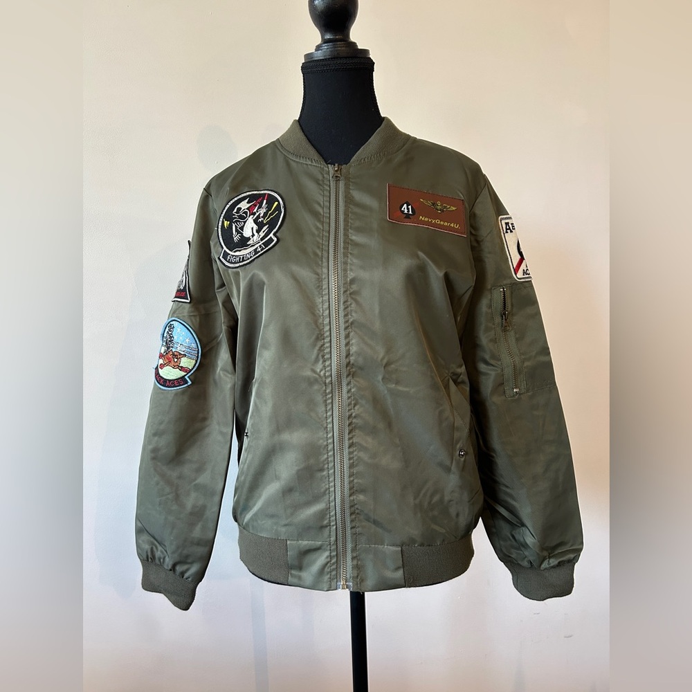 Women's Olive Bomber Jacket with Patches